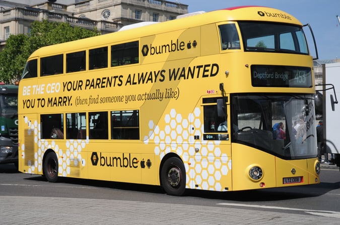 A London bus showcasing Bumble’s famous slogan